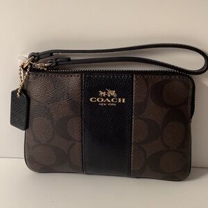 COACH Brown Coated Canvas & Leather Corner Zip Wristlet Wallet Clutch NWT